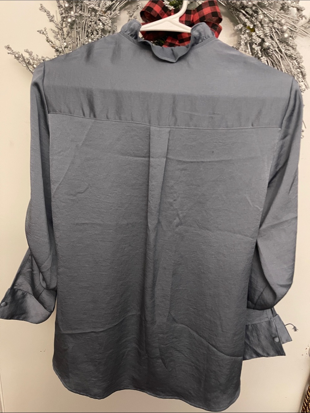 Express Steel Gray Button-Front Ruffle Collar Blouse - Picture 4 of 5